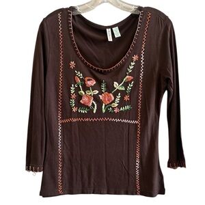 Bill Blass Dark Brown Floral Embroidered Long Sleeve Top